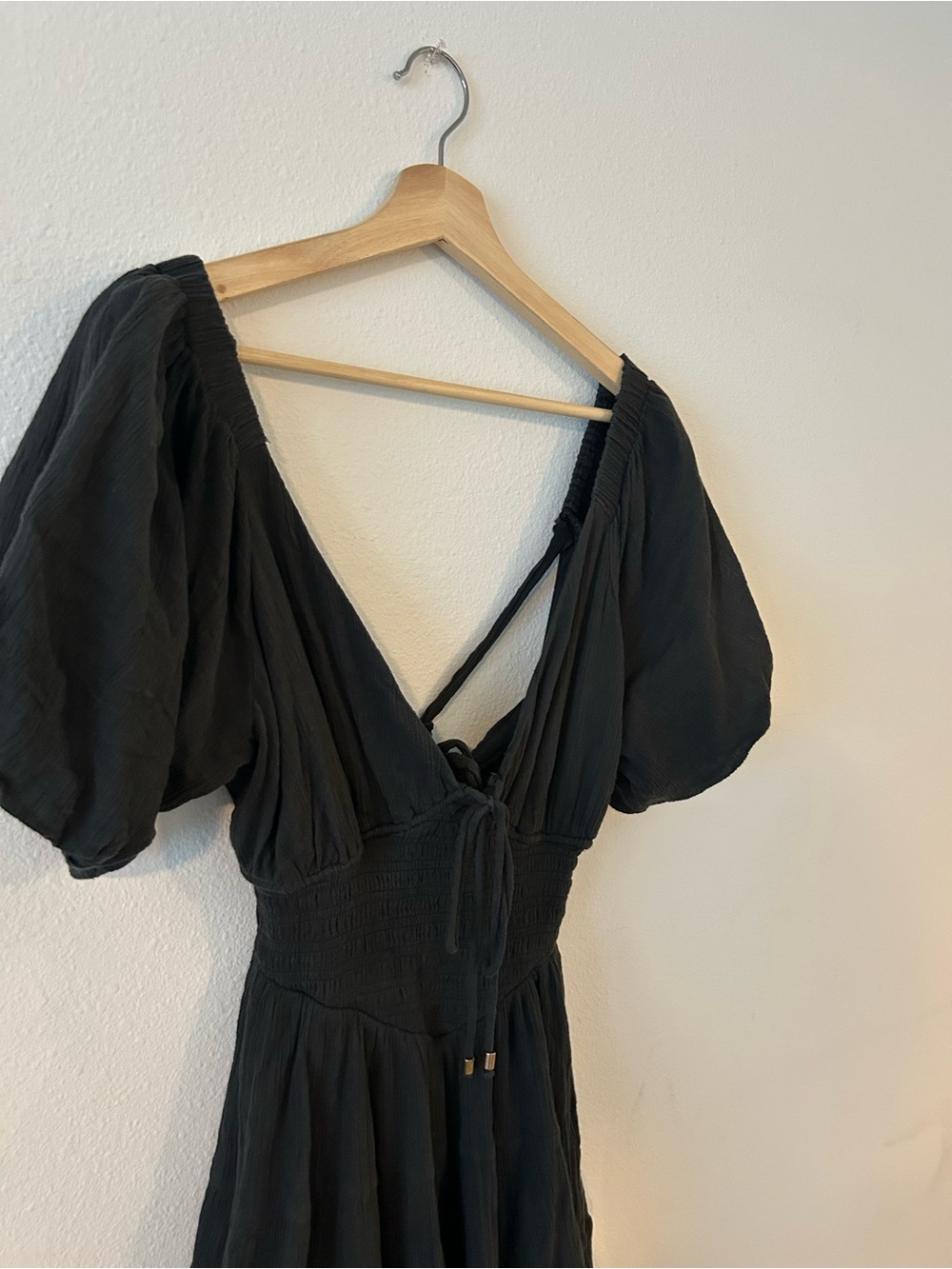 Free People Blue Open Back Mini Dress XS Puff Sleeve Boho Gauze Tie Back - Picture 5 of 9